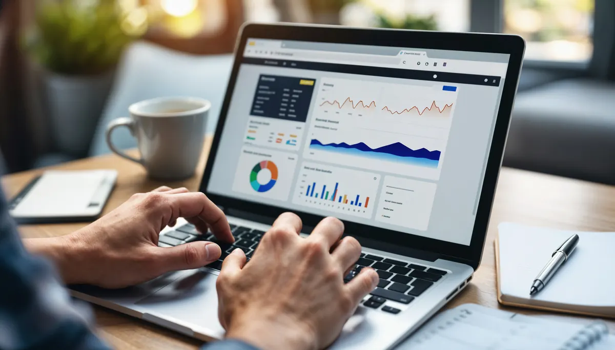 Painel de indicadores e gráficos em um notebook